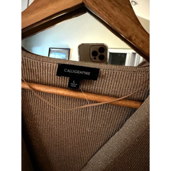 Calligraphie Gold Shimmer Wrap Sweater Metallic Knit Top Large - Picture 6 of 7